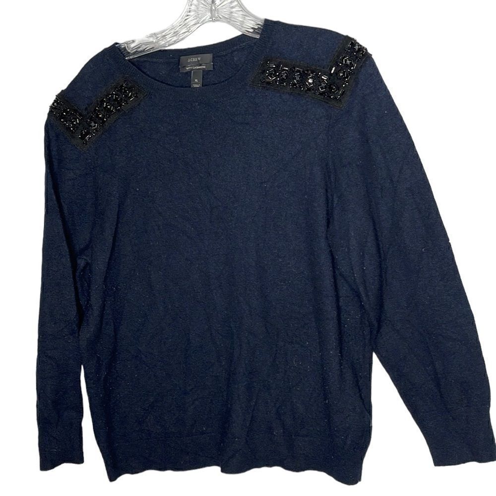 J. Crew Cashmere Wool Blend Embellished Navy Long Sleeve Sweater. Size XL.